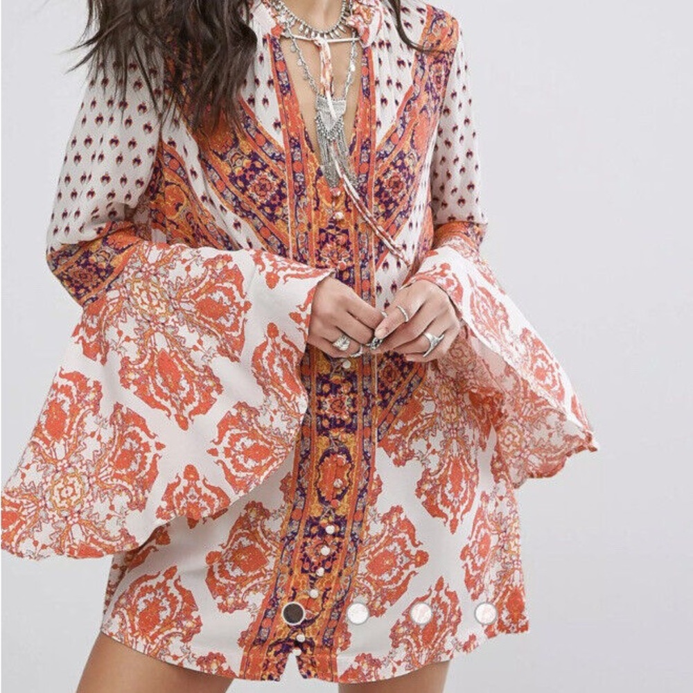 Anthropologie Free People Women’s Boho Chic Printed Orange Tunic Dress Small